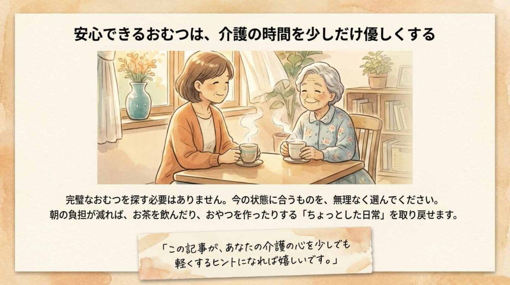 安心できるおむつ選びで介護の負担が少し軽くなり、介護者と高齢の家族がお茶を飲んで穏やかに過ごす様子を描いたまとめ画像
