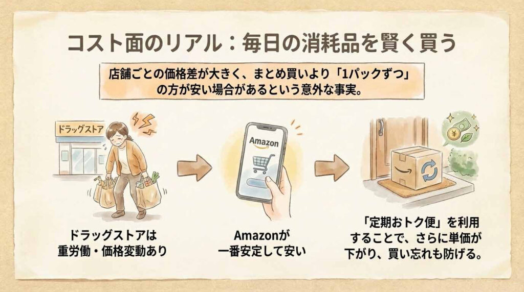 Amazon定期便などを活用して介護用おむつを賢く買う考え方を示した図