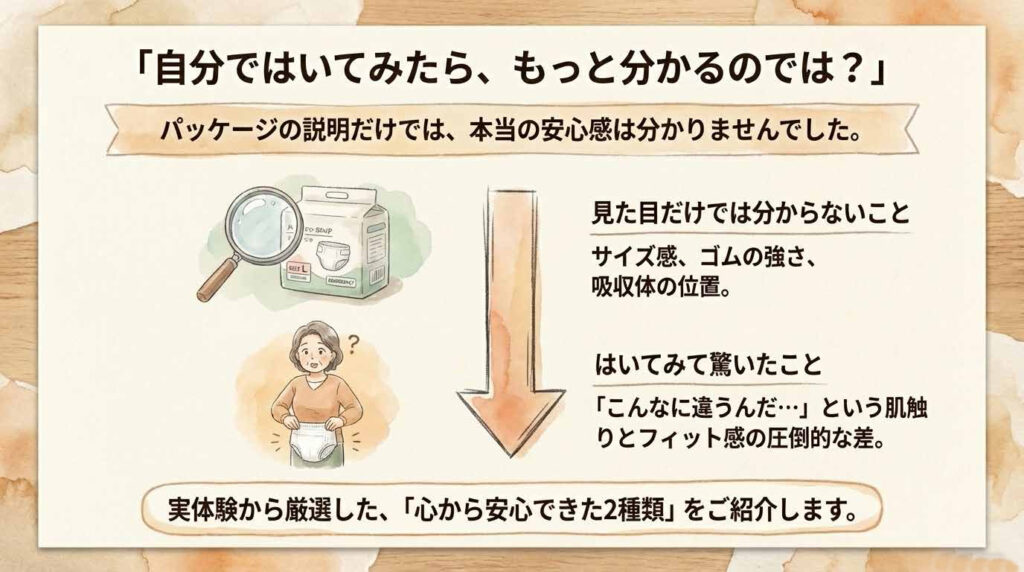 実際にはいてみることでサイズ感や肌触りの違いが分かり、本当に安心できるおむつ選びにつながることを示した図
