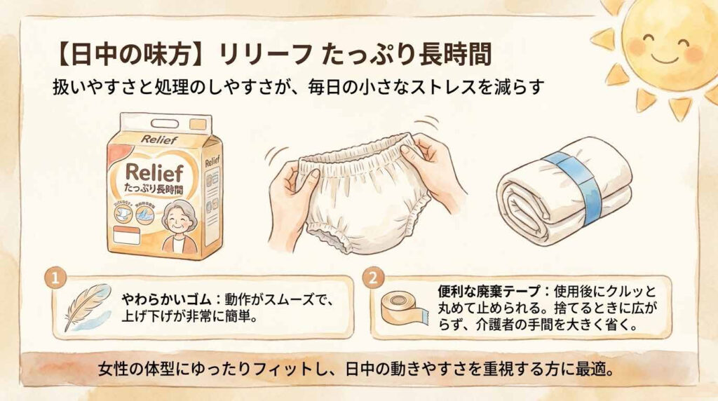 リリーフたっぷり長時間は日中の扱いやすさと処理のしやすさに優れると紹介したレビュー画像