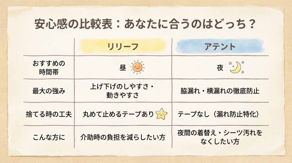 リリーフとアテントのおすすめ時間帯や強みを比較した安心感の比較表