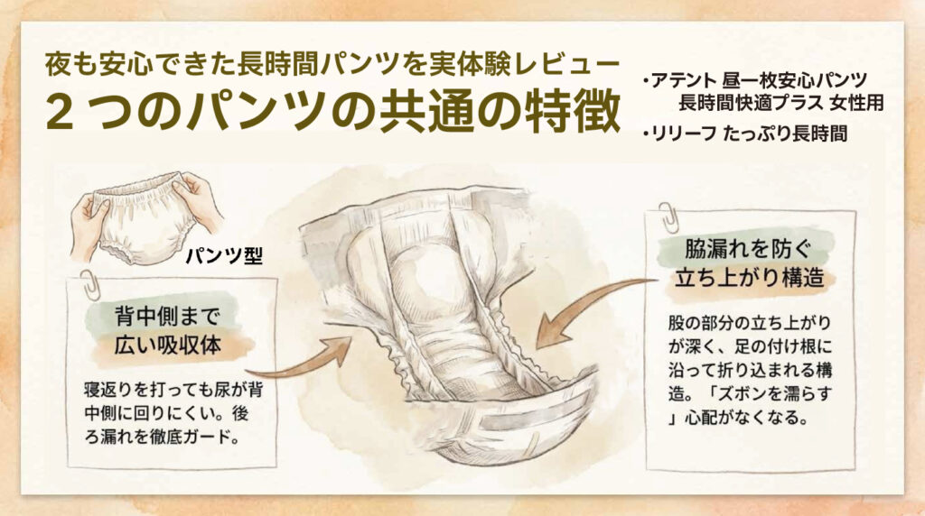 アテント昼一枚安心パンツ長時間快適プラス女性用とリリーフたっぷり長時間に共通する特徴をまとめた図