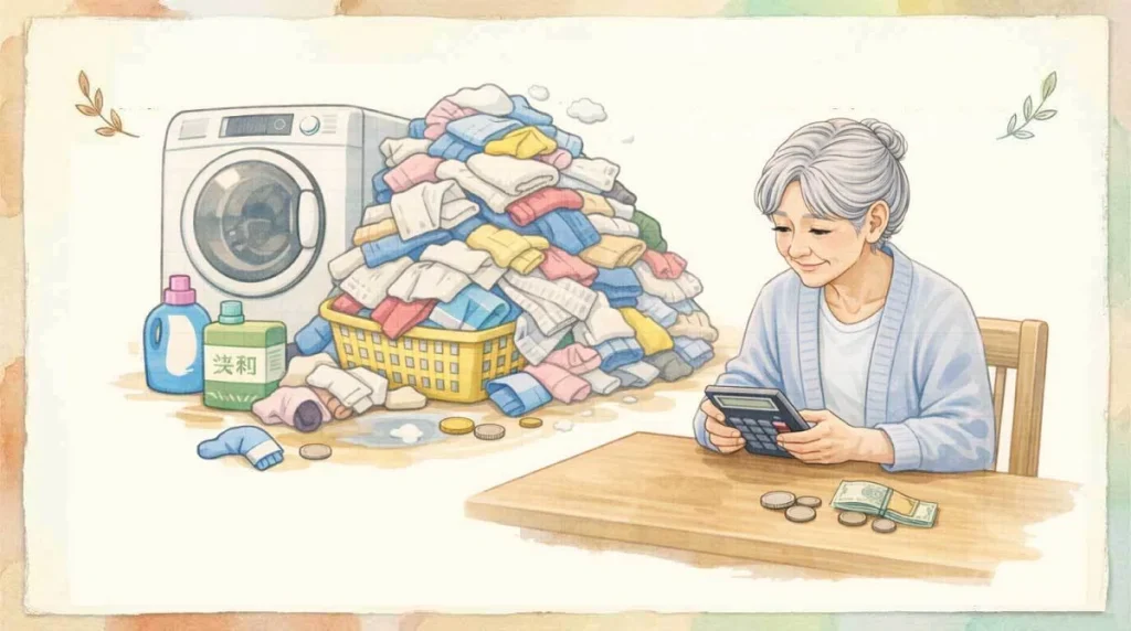 在宅介護で増える洗濯と水道料金の負担を確認する女性のイラスト