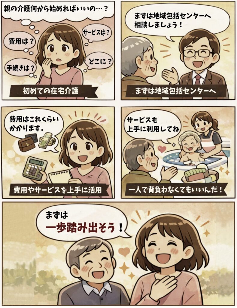 在宅介護の始め方を説明する4コマ漫画。親の介護を何から始めるか悩む家族が、地域包括支援センターへ相談しサービスを利用する流れ。
