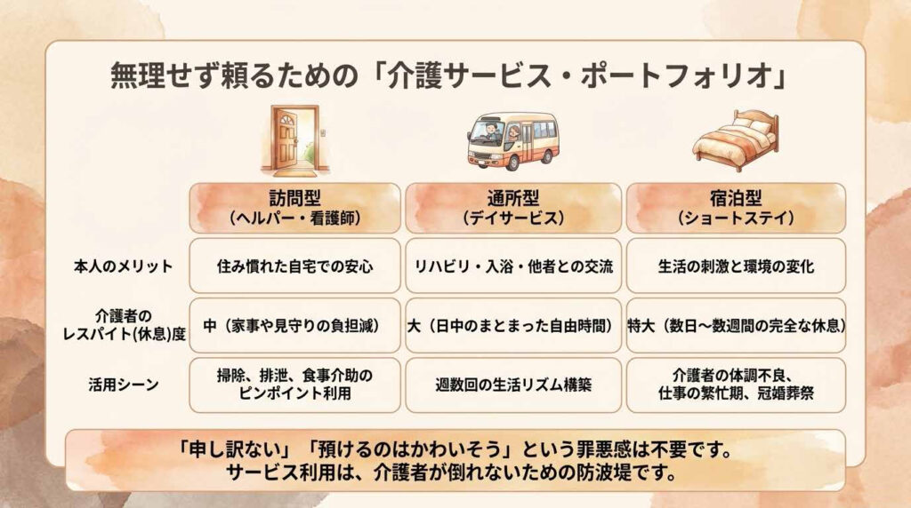 alt="在宅介護で利用できるサービスの種類を比較した図。訪問介護、デイサービス、ショートステイの役割と違いを整理。"