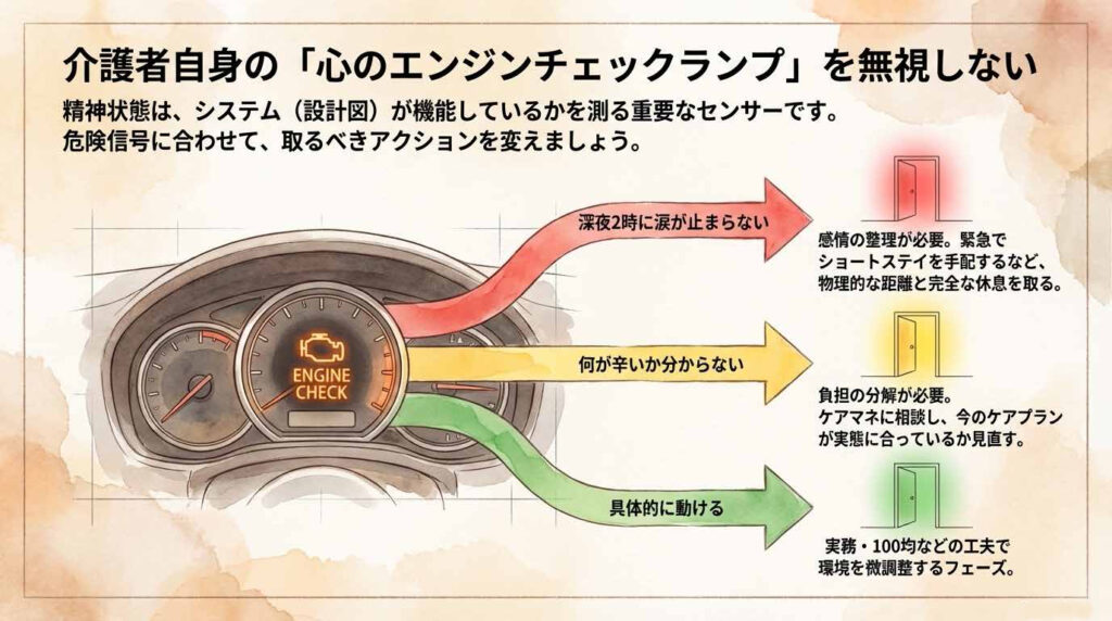 alt="介護者のストレスや限界サインを示すエンジンチェックランプの図。心の状態に合わせて休息やサービス利用を考える重要性。"