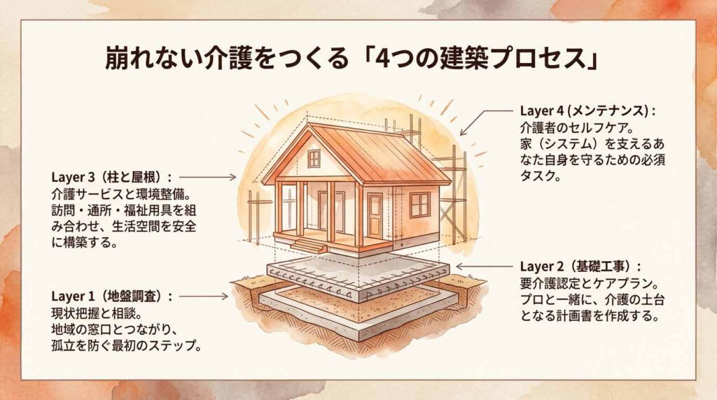 alt="在宅介護を支える4つの設計プロセスを示した図。相談、要介護認定、介護サービスの利用、介護者のセルフケアの流れ。"