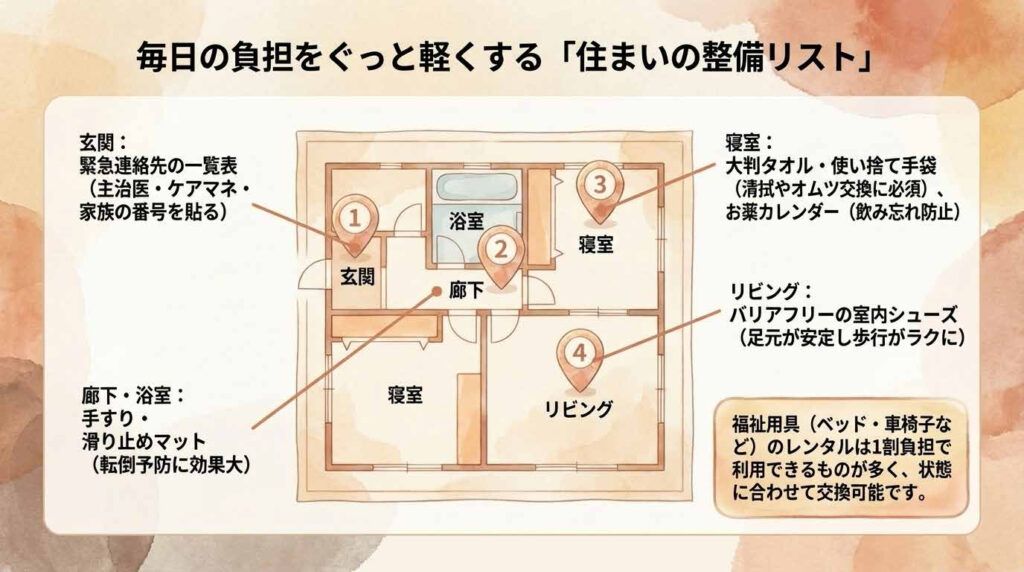 alt="在宅介護を安全に続けるための住まいの整備ポイント。手すり、滑り止め、福祉用具レンタルなど生活動線の工夫。"