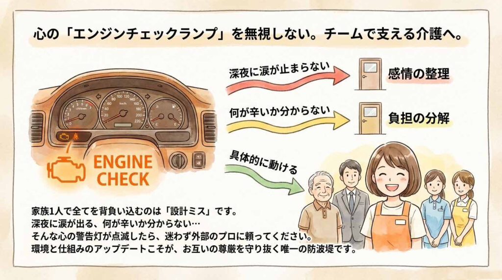 介護者の心のエンジンチェックランプに気づき家族や専門職とチームで支える介護を説明する図