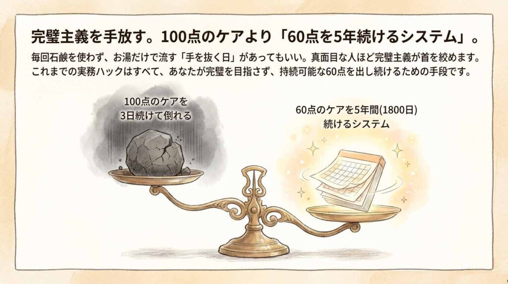 在宅介護では100点のケアより60点を長く続けることが大切という考え方を説明するイラスト