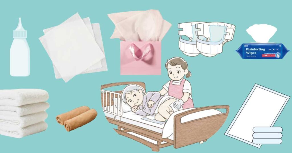 在宅介護で軟便の日にベッド上でおむつ交換を行う様子と、洗浄ボトルや準備物品のイラスト