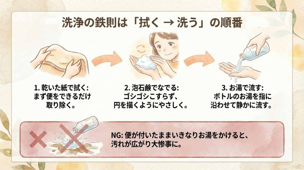 おむつ交換時の陰部洗浄の正しい順番（拭く→泡石鹸→お湯で流す）を説明する排泄ケア図解