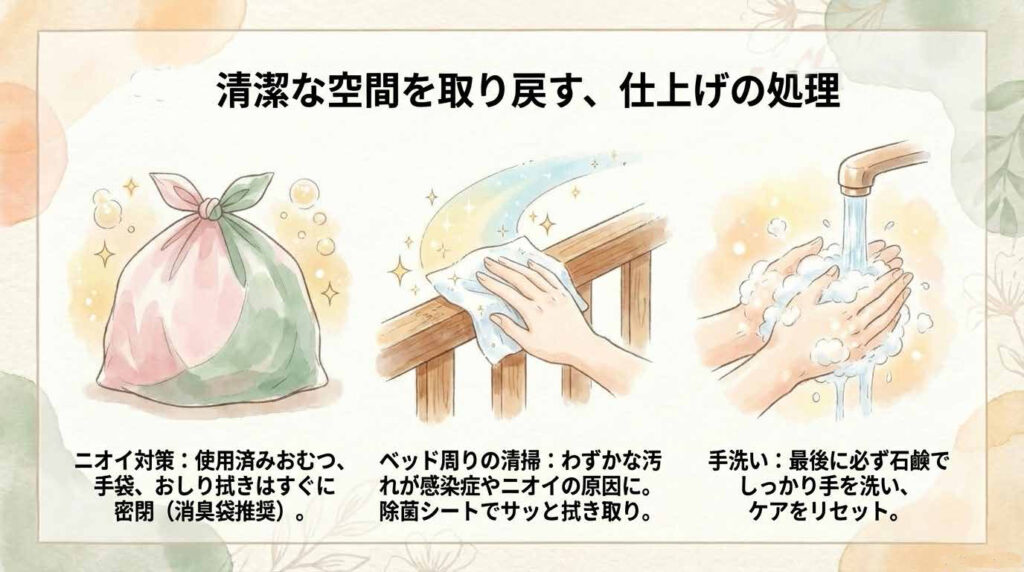おむつ交換後の仕上げ処理（使用済みおむつ処理・周囲の清掃・手洗い）を説明する排泄ケア図解