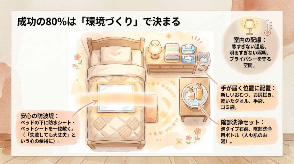 おむつ交換をスムーズに行うための環境づくりと道具の配置を説明する排泄ケアイラスト