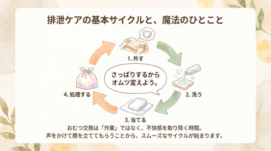 おむつ交換で汚れを広げないためのNG例とOK例を比較した排泄介護の図解
