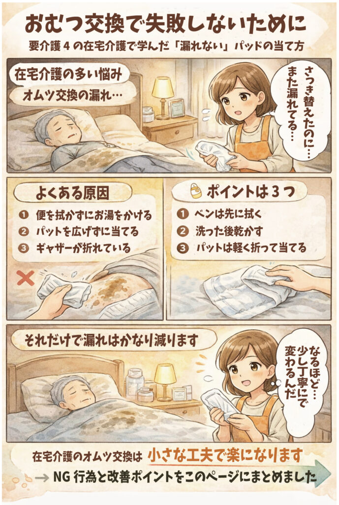 要介護4の在宅介護で学んだ、おむつ交換で漏れないパッドの当て方と便処理のコツを解説する4コマ漫画