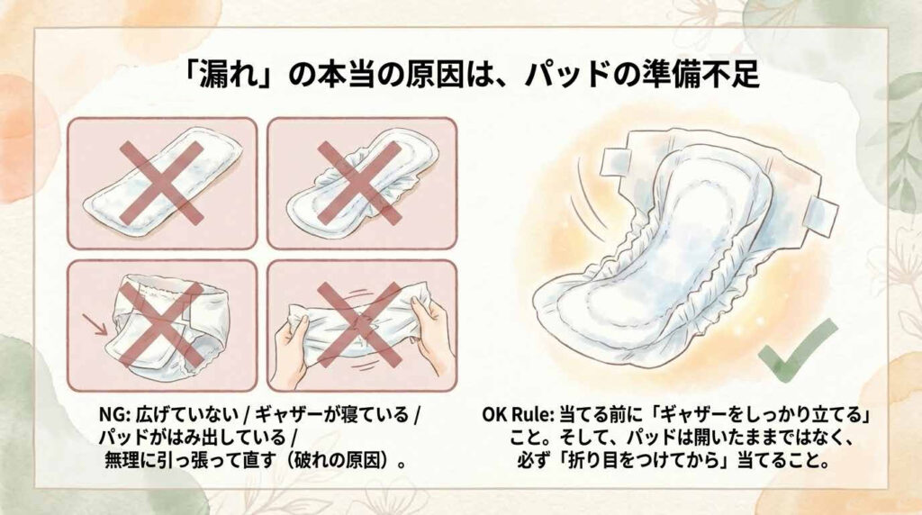 おむつパッドの正しい折り方（男性は山折り・女性は谷折り）と密着させる当て方の図解