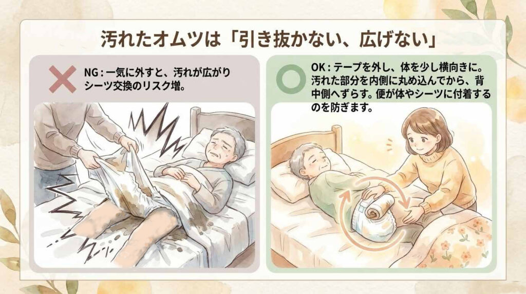在宅介護は完璧でなくてもよいというメッセージと介護者と高齢者がくつろぐイラスト