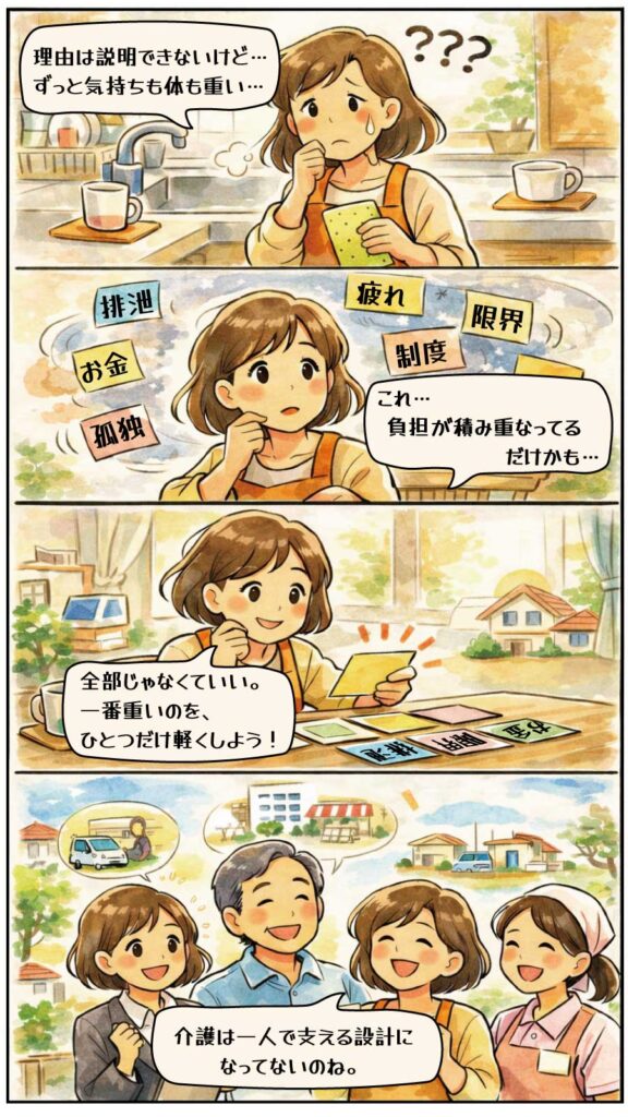 在宅介護の負担を7つに分解して考える4コマ漫画。理由のわからない心身の重さを、排泄・お金・孤独・疲れ・制度・限界・消耗の積み重なりとして整理し、一つずつ軽くして一人で抱えない設計を提案する内容。
