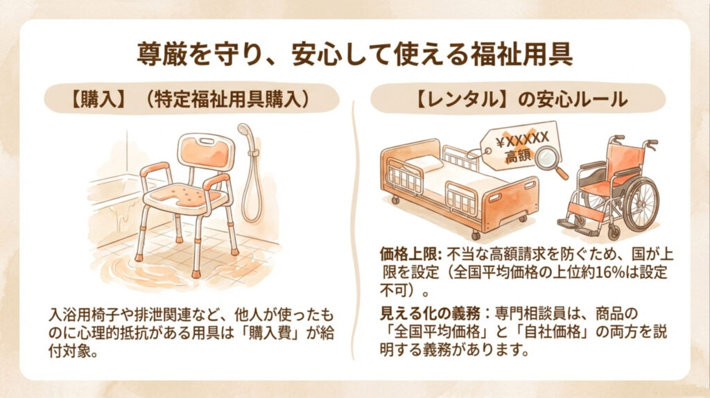 介護保険で利用できる福祉用具購入とレンタル制度(入浴用椅子や介護ベッドなど)の仕組みを説明する図