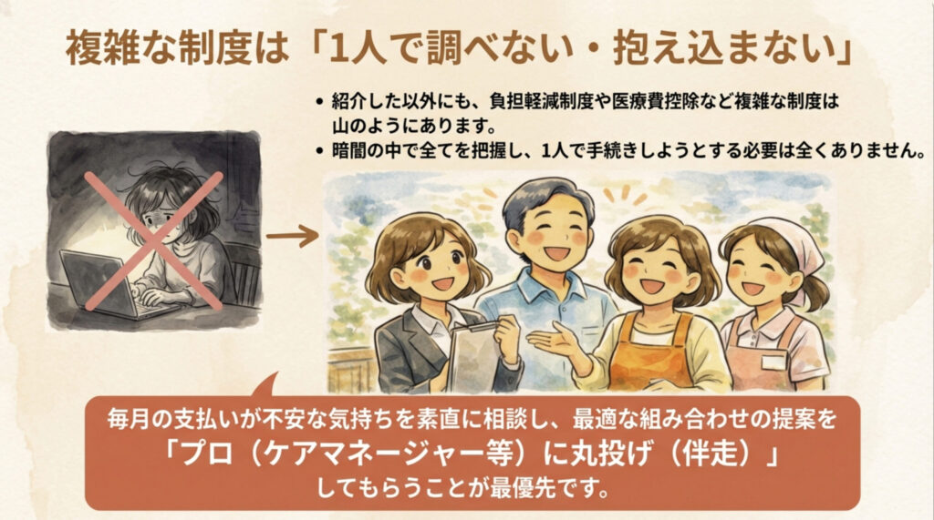 在宅介護の支援制度は一人で調べて抱え込まずケアマネジャーなど専門職に相談することの大切さを伝える図