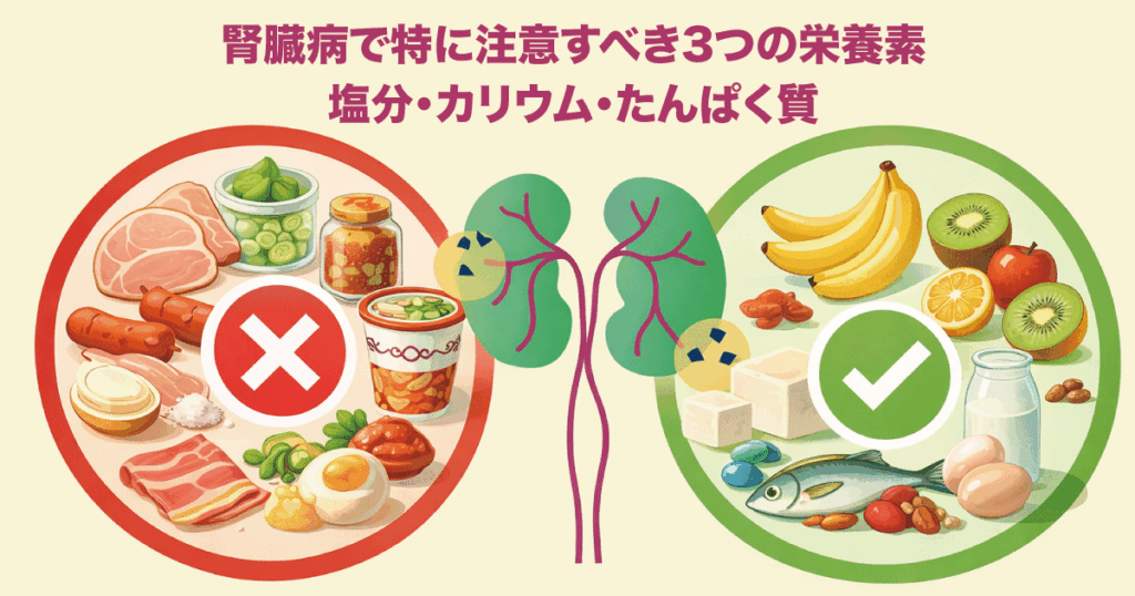 腎臓病で特に注意すべき塩分・カリウム・たんぱく質を示した図。腎臓のイラストと、控えたい食品と注意して取り入れる食品を左右で対比している