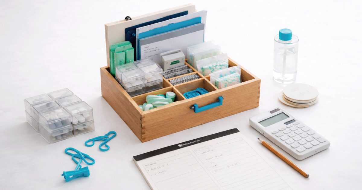 在宅介護の消耗品や書類を整理した収納ボックスと家計管理ノートのイメージ