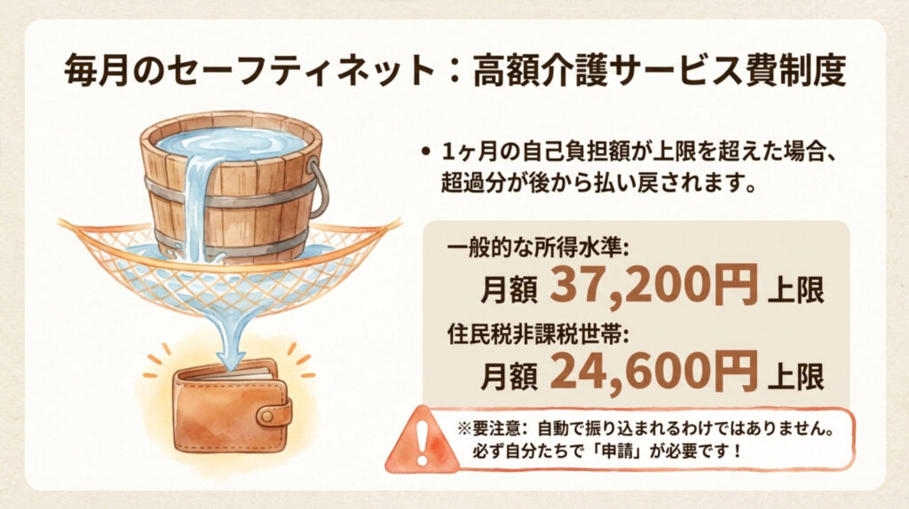 在宅介護の自己負担が月額上限を超えた場合に払い戻される「高額介護サービス費制度」の仕組みを説明する図