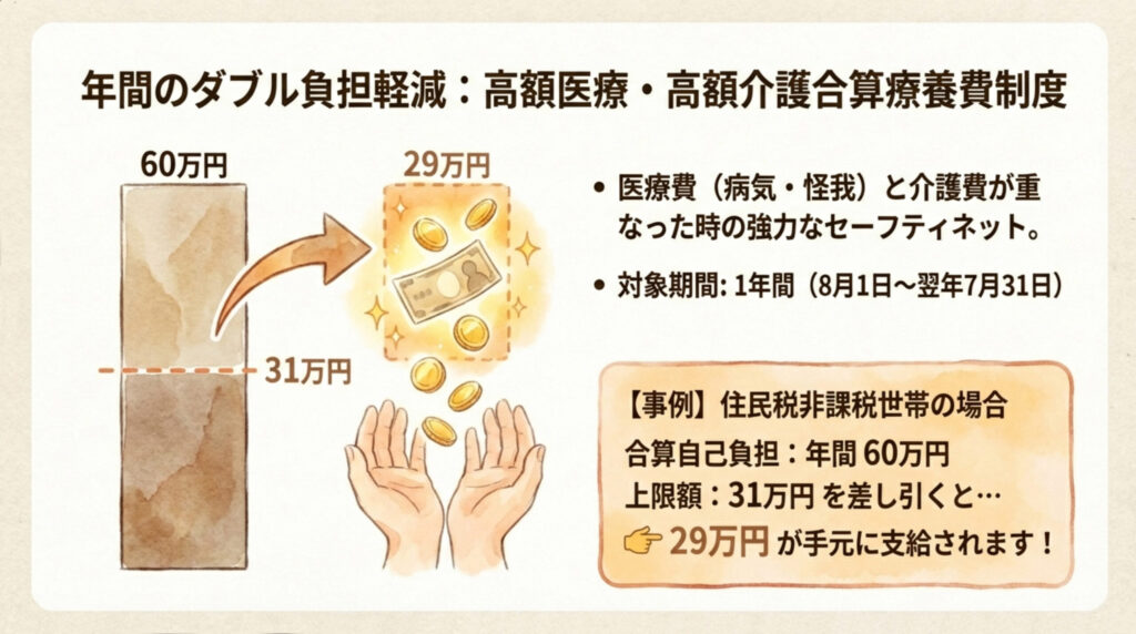 高額医療費と高額介護費が重なった場合に年間の自己負担を軽減する「高額医療・高額介護合算療養費制度」の仕組みを解説する図