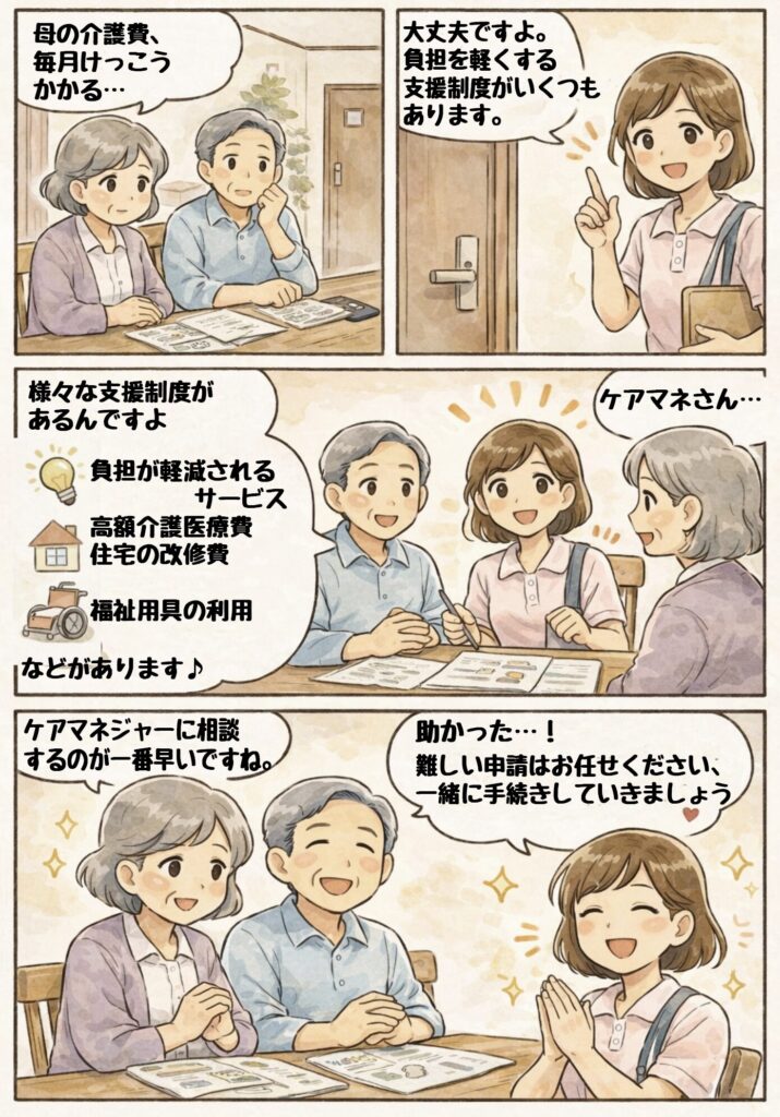 在宅介護で使えるお金の支援制度を説明する4コマ漫画。介護費を心配する家族に、ケアマネジャーが高額介護サービス費や住宅改修費、福祉用具などの支援制度を案内し、一緒に申請を進めようと励ます内容。