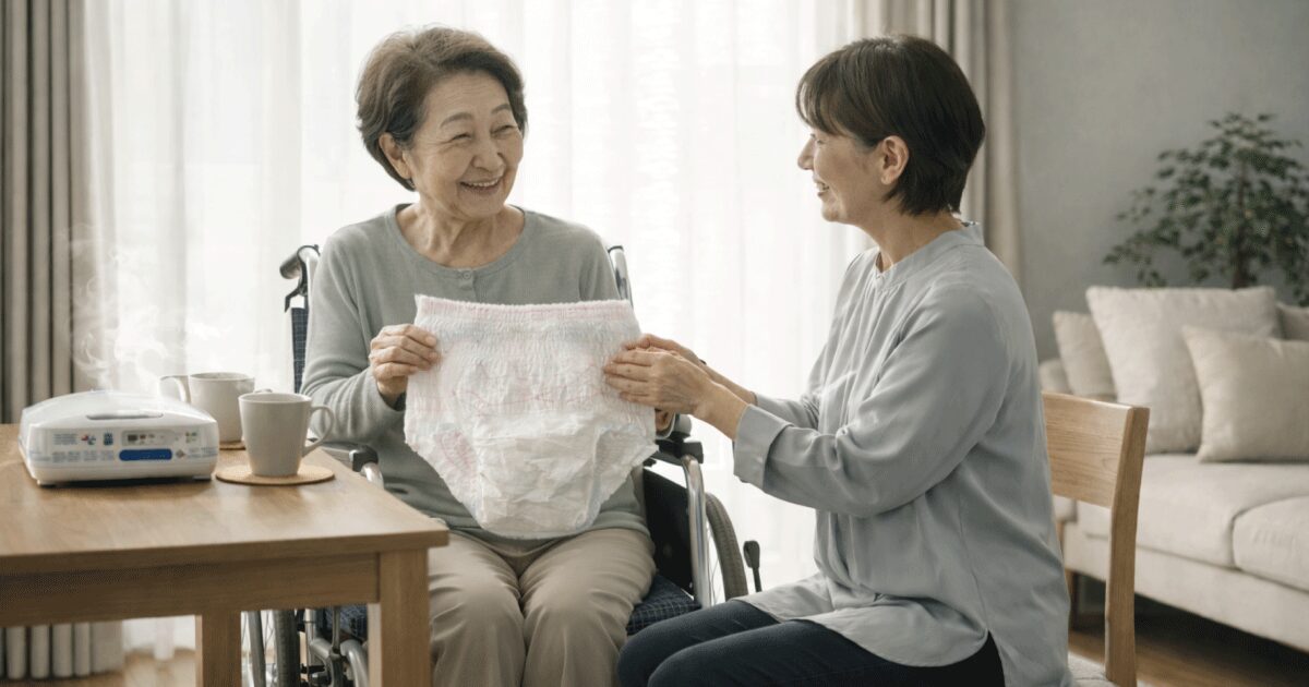 昭和世代の高齢の母と介護する娘が、明るい室内でパンツ型おむつを一緒に手に取り、前向きに切り替えを相談している在宅介護の様子