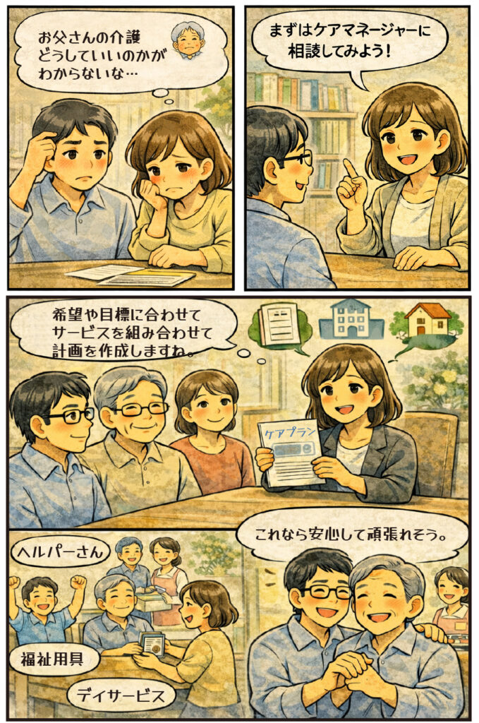 自宅での介護の始め方に悩む家族が、ケアマネジャーと一緒にケアプランを作成し、デイサービスやヘルパー、福祉用具などの支援サービスを組み合わせて安心する様子を描いた4コマ漫画。
