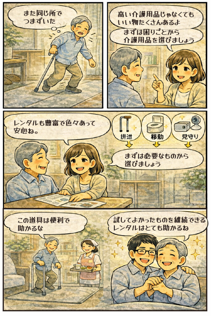 家の中でのつまづきなど困りごとに合わせて、レンタル福祉用具や便利な介護用品(排泄・移動・見守り)を賢く選んで生活を楽にする方法を描いた4コマ漫画。