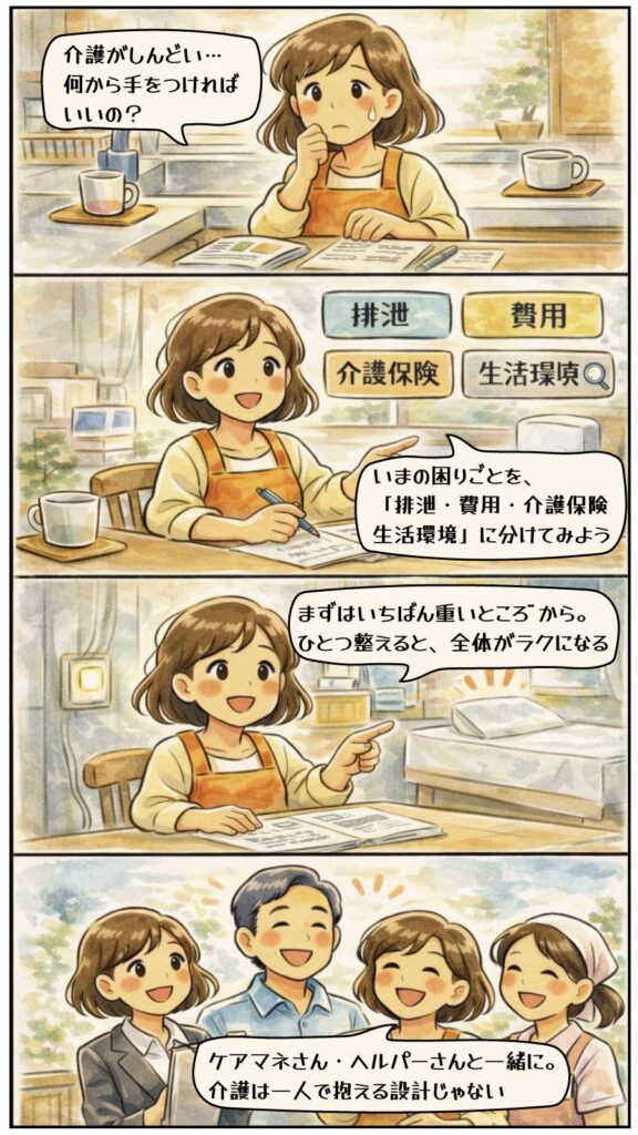 在宅介護をラクにする具体的な解決策のまとめ。100均活用・介護保険制度・お金の管理など、実務を改善して余裕を作るページへのリンク画像。