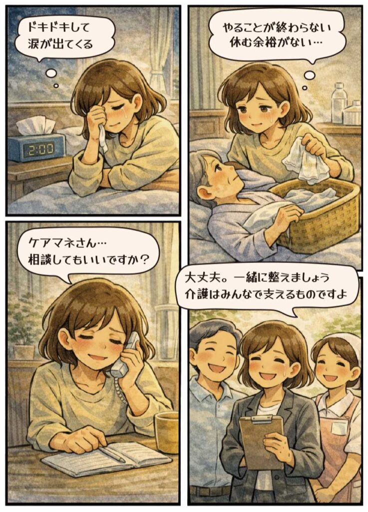 深夜に一人で悩み、限界を感じて涙する介護者が、ケアマネジャーに相談することで『みんなで支える介護』へ一歩踏み出す4コマ漫画。