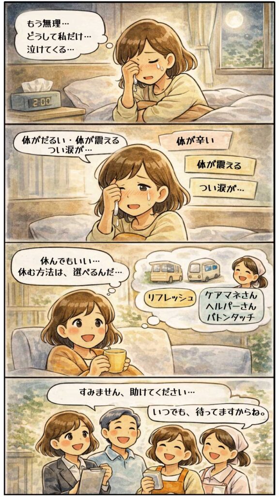 在宅介護の限界と心のケアをテーマにした4コマ漫画。深夜に一人で泣き『もう無理』と感じる限界サインを自覚し、ショートステイなどの休息（レスパイト）を選択して専門家に助けを求めることで、笑顔を取り戻す過程を描いた内容。
