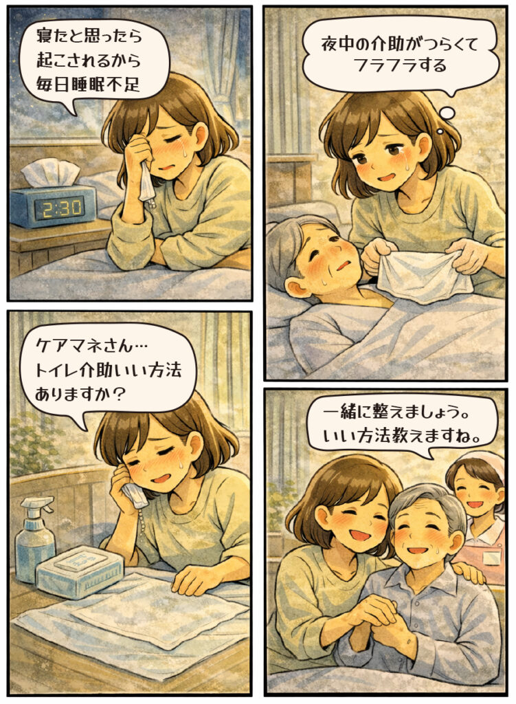 夜中のトイレ介助や睡眠不足でフラフラな介護者が、ケアマネジャーに相談して良い介助方法を教わり、笑顔を取り戻す過程を描いた4コマ漫画。
