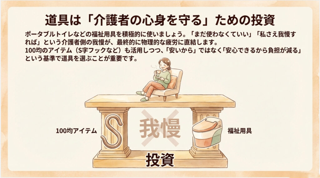 介護者の心身を守るために100均アイテムと福祉用具を投資として考えるイメージ図