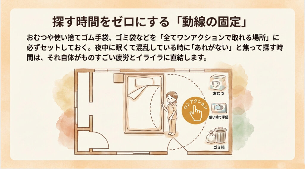 おむつや手袋、ゴミ箱をワンアクションで取れる位置に固定する介護動線の図