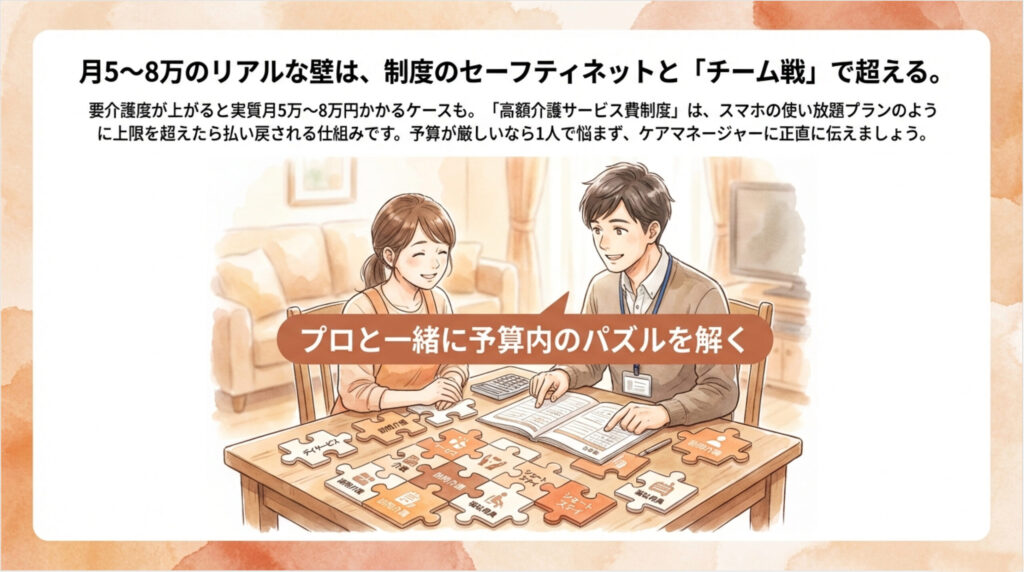 介護費用の負担をケアマネージャーと一緒に予算内で組み立てるイメージ図