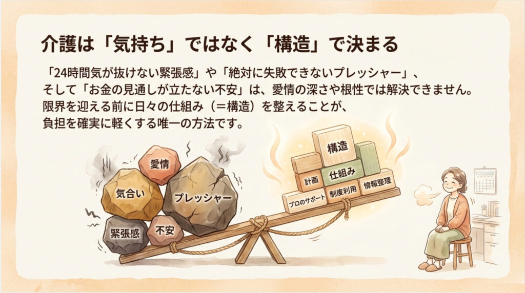 介護は気持ちではなく構造で負担を軽くすることを伝えるシーソーのイメージ図