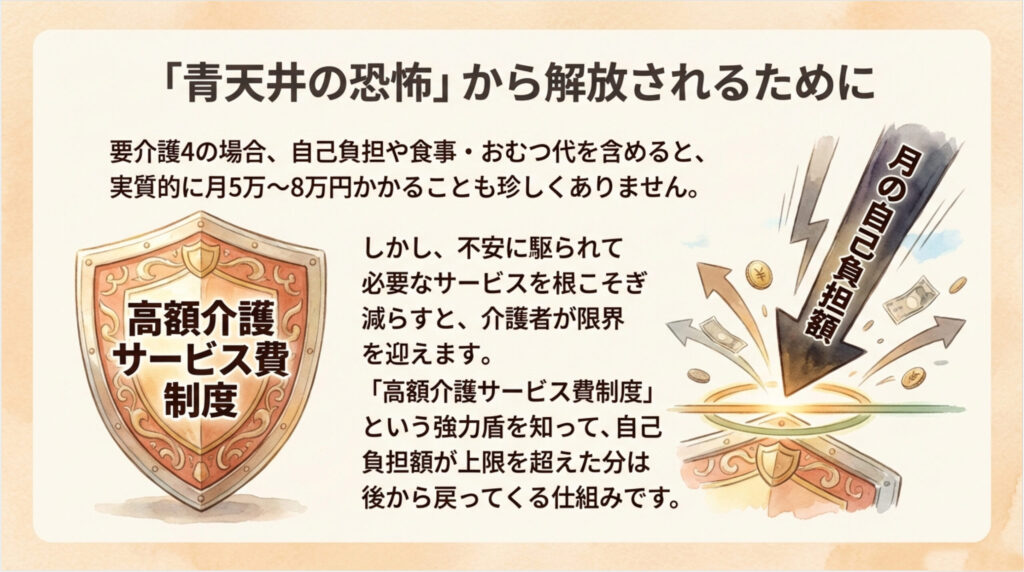 高額介護サービス費制度で月の自己負担額の不安をやわらげる仕組みを表した図