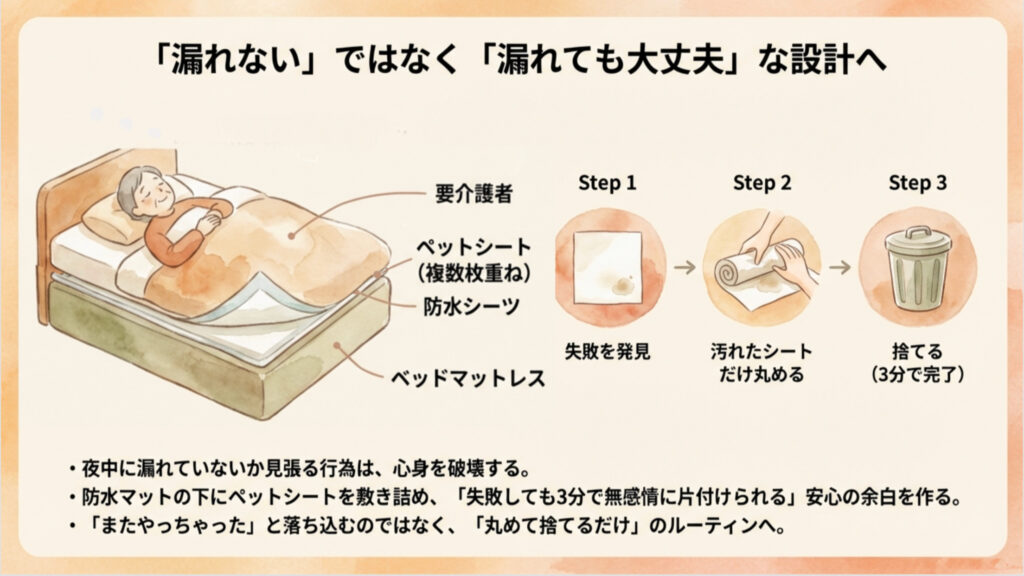 ベッドの防水シーツとペットシートで漏れても片付けやすくする排泄ケアの図