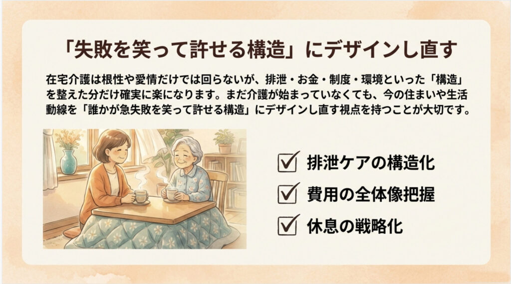 排泄ケア、費用の全体像把握、休息の戦略化で失敗を許せる介護構造へ整えることを示した図