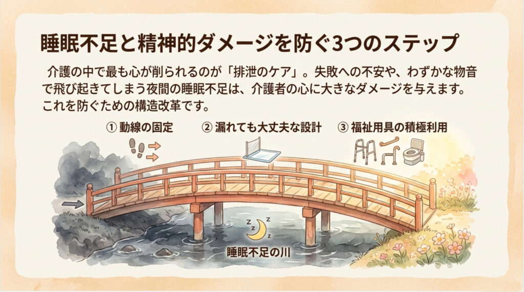 在宅介護の排泄ケアによる睡眠不足と精神的ダメージを防ぐ3つのステップを示した図