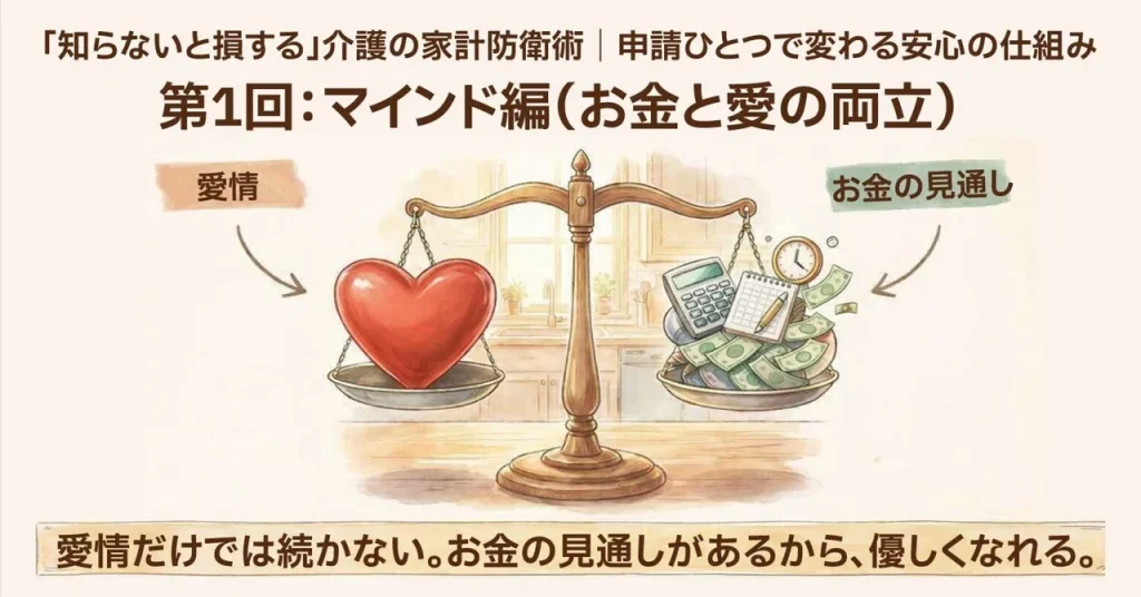 介護の家計防衛術第1回、お金の見通しと愛情の両立を天びんで表したイラスト