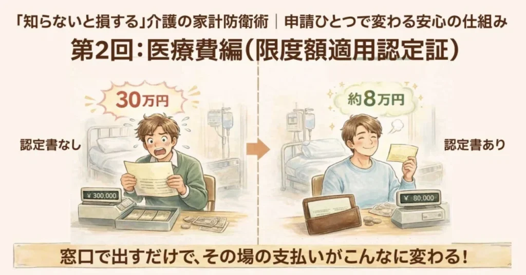 介護の家計防衛術第2回、限度額適用認定証の有無で医療費負担が変わることを示したイラスト