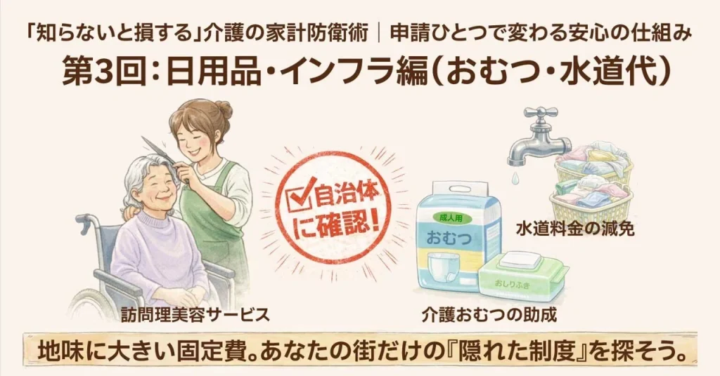 介護の家計防衛術第3回、介護おむつ助成や水道料金減免など自治体の支援を表したイラスト