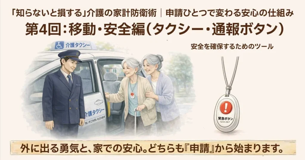 介護の家計防衛術第4回、介護タクシーと緊急通報ボタンで移動と安全を支えるイラスト