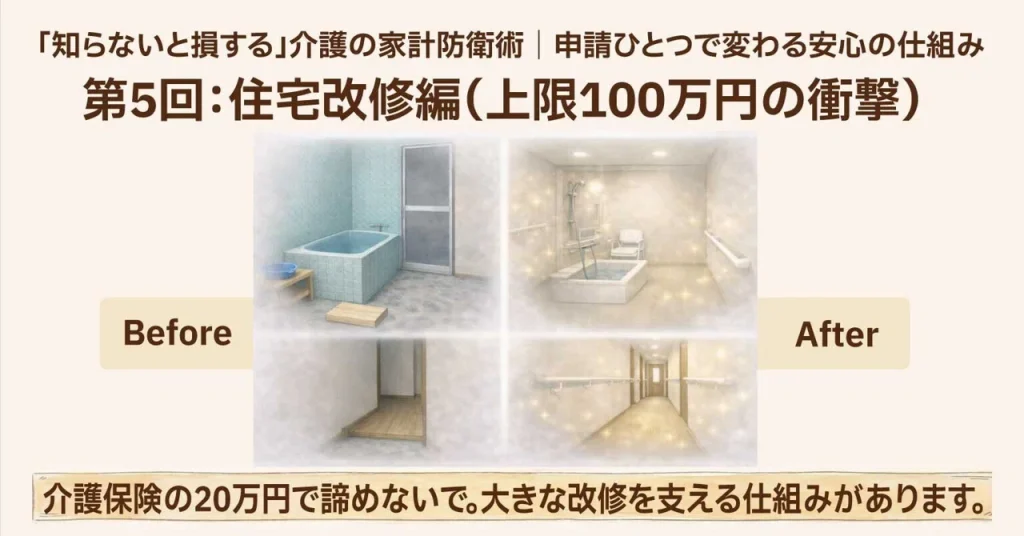 介護の家計防衛術第5回、住宅改修のビフォーアフターと大きな改修支援を表したイラスト